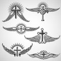 Vintage cross and wings tattoo vector elements