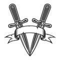 Vintage crossed knives with ribbon monochrome style illustration