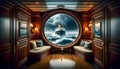 a vintage cruise ship window yacht hole maritime deck ship porthole nautical boat ocean liner sea vessel cabin luxurious view Royalty Free Stock Photo