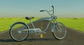 Vintage cruiser bicycle on empty road surrounded by green fields under clear blue sky Royalty Free Stock Photo