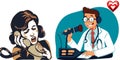 Vintage crying woman dial phone love doctor microphone talk-show host vector graphics
