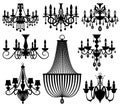 Vintage crystal chandeliers vector silhouettes isolated on white