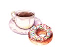 Vintage cup of coffee, donut cake. Watercolor
