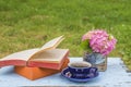 Vintage cup of coffee, open book and bouquet of hydrangea flowers in basket