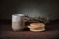 Vintage Cup of Wine with BRead and Crown of Thorns Royalty Free Stock Photo