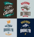 Vintage custom hot rod and classic car vector tee-shirt logo isolated set.