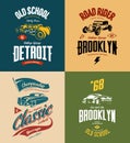 Vintage custom hot rod and classic car vector tee-shirt logo isolated set.