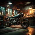 Vintage Customized Motorcycle in an Industrial Workshop Setting Royalty Free Stock Photo