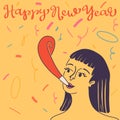 Vintage cute Christmas card in vector. Retro girl with a pipe wishes a Happy New Year. Hand drawn illustration Royalty Free Stock Photo