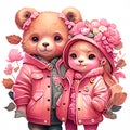 Vintage Cute Couple Baby Teddy Bear,smile Happy In Romantic Autumn