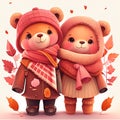 Vintage cute couple baby teddy bear,smile happy in romantic autumn