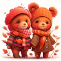 Vintage Cute Couple Baby Teddy Bear,smile Happy In Romantic Autumn