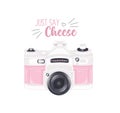 vintage cute pink camera on white background