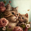 Vintage Cute Postcard With Cat And Kitten For Mother Day. Generative AI