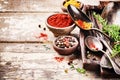 Vintage cutlery and colorful mix of spices Royalty Free Stock Photo