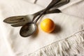 VINTAGE CUTLERY AND A MINIATURE ORANGE ON A WHITE NAPKIN