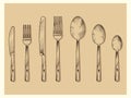 Vintage cutlery set vector design. Hand drawn knife, fork, spoon in sketch engraving style Royalty Free Stock Photo