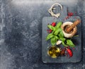 Vintage cutting board and fresh ingredients Royalty Free Stock Photo