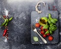 Vintage cutting board and fresh ingredients Royalty Free Stock Photo