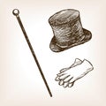 Vintage cylinder cane gloves sketch style vector