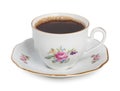 Vintage czech porcelain cup of coffee on saucer, old style rich decorated, isolated on a white background