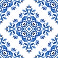Vintage damask floral seamless ornamental watercolor arabesque paint tile design pattern for tile decor