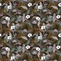 Vintage dark tropical jungles with exotic flower ,hibiscus floral seamless pattern vector EPS10,Design for fashion. fabric, web, Royalty Free Stock Photo