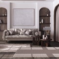 Vintage dark wooden living room with curtains, fabric sofa, tables and carpet in white and beige tones. Parquet floor and arched Royalty Free Stock Photo