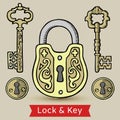 Vintage keys lock and keyholes isolated vector illustration. Antique lock and keys and keyholes to lock and open home