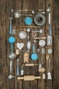 Vintage decoration of ancient kitchen equipment with cutlery and