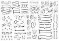 Vintage decorative doodles. Hand drawn ribbon, outline arrows and doodle holidays cards decorations vector set