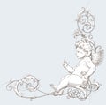 Vintage decorative element engraving with Baroque ornament and cupid Royalty Free Stock Photo