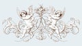 Vintage decorative element engraving with Baroque ornament pattern and cupids Royalty Free Stock Photo