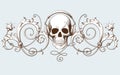 Vintage decorative element engraving with Baroque ornament pattern and skull with headphones