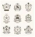 Vintage decorative emblems compositions, heraldic vectors. Classy high quality symbolic illustrations collection.