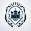 Vintage decorative heraldic vector emblem composed with stronghold illustration and imperial crown