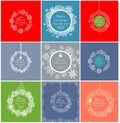 Vintage decorative label collection for Christmas holidays with lacy baubles, decorative firs and paper snowflakes