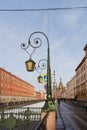 St. Petersburg, Russia, February 3, 2024. Old decorative lights near the Italian bridge.