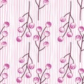 Vintage decorative seamless pattern with lilac creative berries elements. Grey light striped background