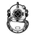 Vintage deep-sea diving helmet, heavy metal scuba headpiece, submergence equipment Royalty Free Stock Photo