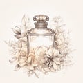 Delicate Flower Adorned Perfume Bottle: Watercolor Portraits Illustration Clipart, Generative AI