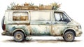 Vintage Delivery Van with Flower Boxes and Rustic Decor Elements Royalty Free Stock Photo