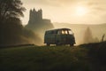 Vintage car in a winters countryside setting with snow and old castle ruins. - ai generated art Royalty Free Stock Photo