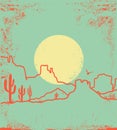 Vintage Desert landscape with Canyon and Cactuses. Arizona desert with yellow sun and cactuses silhouette on old paper texture Royalty Free Stock Photo