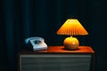 Vintage design apartment..Old landline phone, vinil radio recorder and retro yellow lamp