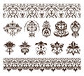 Vintage design elements ornaments frame corners curbs retro stickers and damask vector set illustration