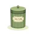 Vintage design of green jar with talcum. Container with lid and label. Pharmaceutical product. Drug store goods. Flat