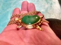 Vintage Designer Authentic Jade set in Goldtone Turtle Necklace