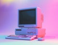 Vintage Desktop PC with Floppy Drive, Keyboard and Mouse in Neon Lightning.