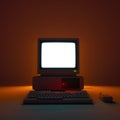 Vintage Desktop PC with Glowing Blank Screen in Low Light